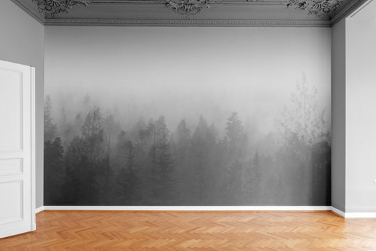 empty room with wooden floor and photo print wallpaper
