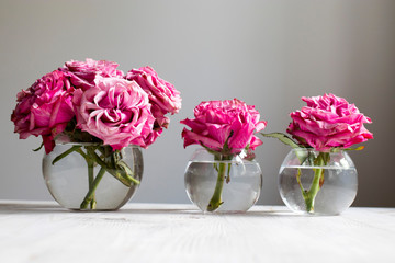 red terry roses in transparent glass round vases stand in a row as a decoration of a wedding table