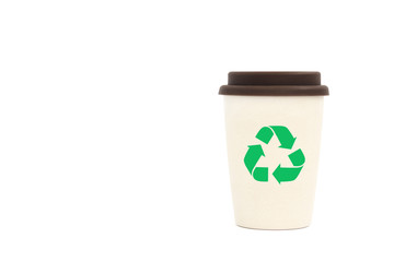 Bamboo cup with recycling icon for coffee or tea to go, reusable. Isolated on white. Brown lid.
