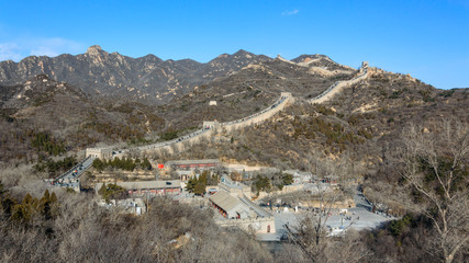 Badaling, panorama of the great Chinese wall built by hand in the mountains, wonder of the world.