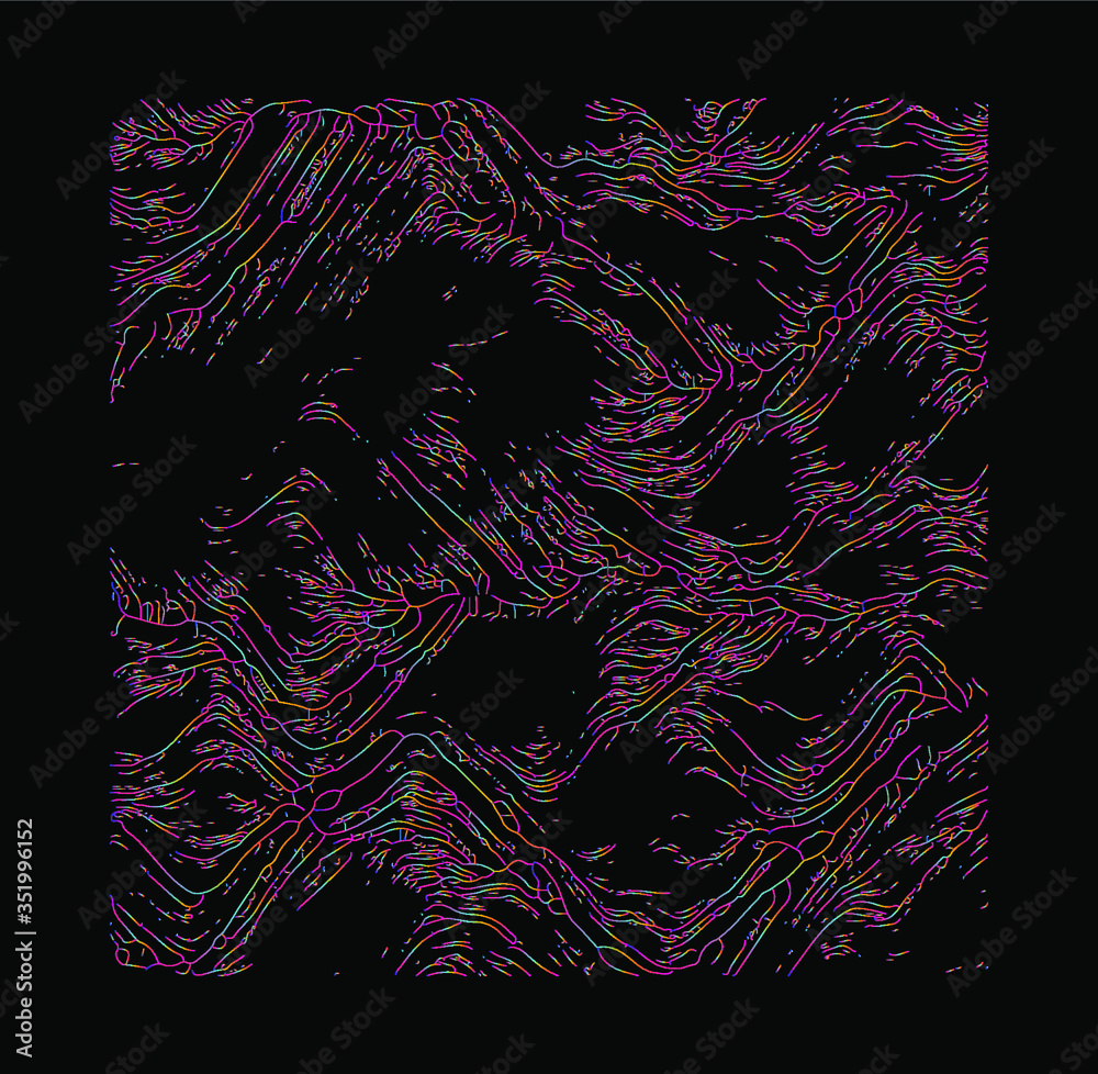 Poster Generative Art with Visualization of Random Perlin Noise. Conceptual image of high tech systems: Artificial Intelligence, Deep Learning, Neural networks and Internet Map.