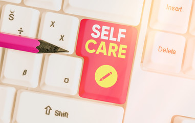 Text sign showing Self Care. Business photo text the practice of taking action to improve one s is...
