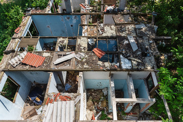 Aerial view of an old abandoned and destroyed house