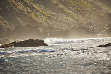 Beniho (Benijo Beach) - beautiful black volcanic sand beach on the sunset with great view of the cliffs . North part of Tenerife. Canary Islands. Spain