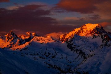red sunset over mont blanc