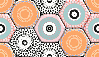 3d hexagon tegel Ontwerp voor keramische tegels, majolica, aquarel. Tegel acryl geschilderd naadloos, Vintage Marokkaanse patroon gebruik voor behang, webpagina-achtergrond, texturen &amp  textiel. 3D illustratie