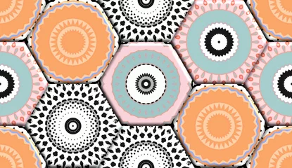 Tapeten 3D-Sechskant-Fliesen-Design für Keramikfliesen, Majolika, Aquarell. Fliese Acryl nahtlos lackiert, Vintage marokkanische Muster für Tapeten, Webseitenhintergrund, Texturen und Textilien. 3D-Darstellung © Poonam