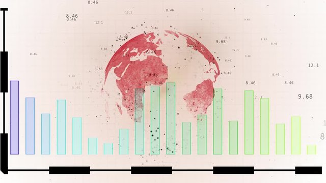 Background for broadcasting. Abstract red planet and candlestick chart falling and rising over white background.