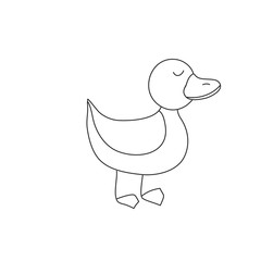 Cute duck in doodle style isolated on white background. Black-white vector illustration. Duck is happy