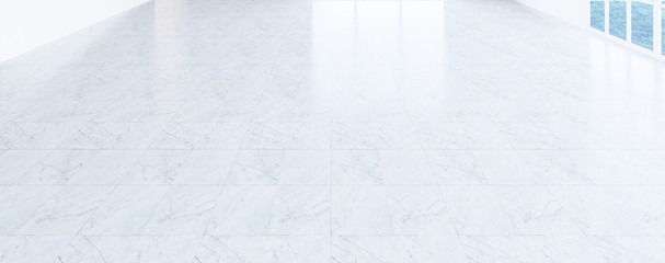 3d rendering of marble floor with grid line and shiny reflection with clear glass door in perspective view, clean and new condition use to background.