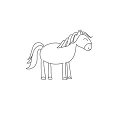 Cute horse in doodle style isolated on white background. Black-white vector illustration. A horse is standing and smiling.