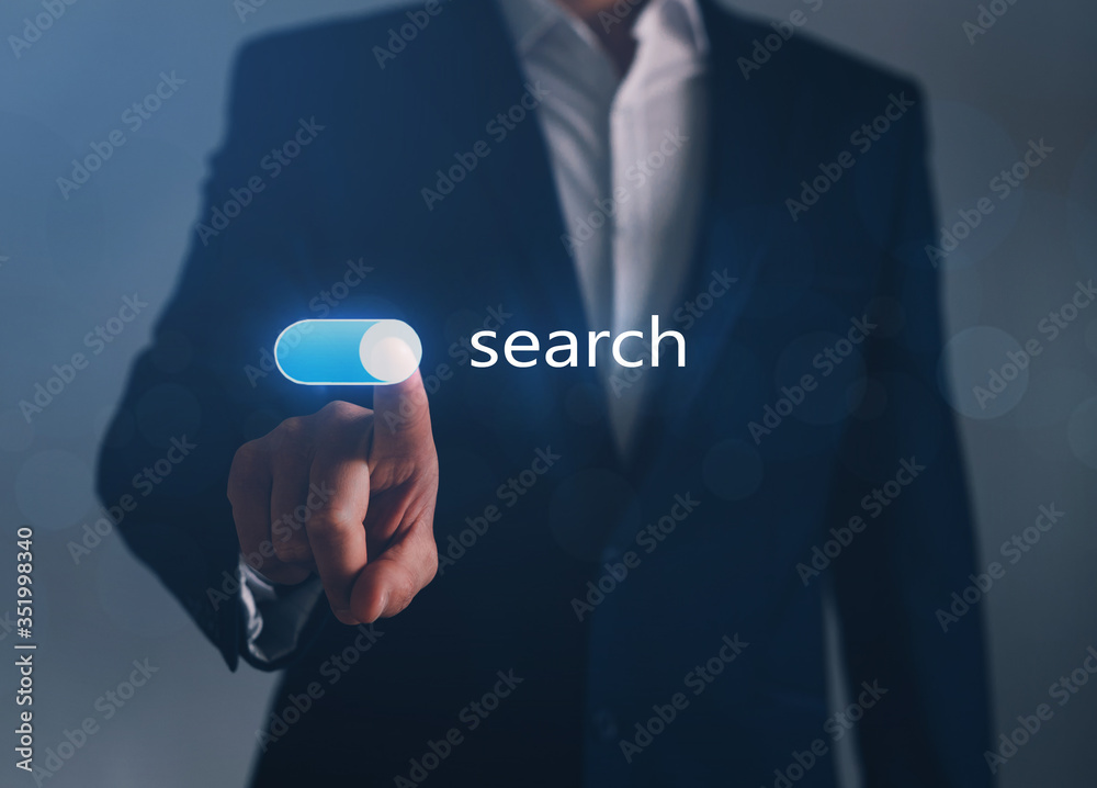 Poster businessman switch on search button.