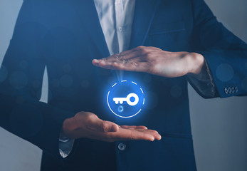 Businessman offer key to success or solution. Concept of the SecurIty, Customer service and CEO.  