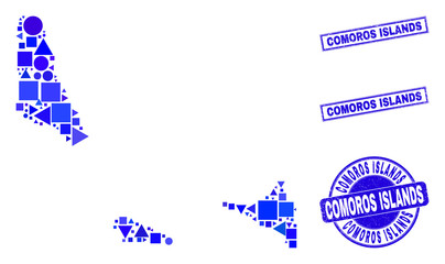 Vector mosaic Comoros Islands map. Geographic plan in blue color hues, and grunge round and rectangle stamps. Abstract mosaic of Comoros Islands map combined of round, tringle, square geometric spots.