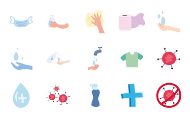 Medical care and covid 19 virus flat style icon set vector design