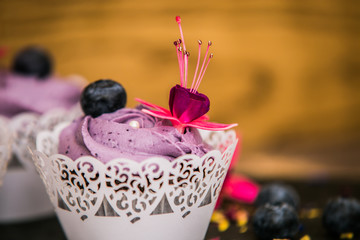 Sweet dessert Tartlets with fresh blueberry and delicious cream. Closeup