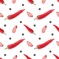 Food pattern for restaurant menu watercolor handpainted red and green tomato and chilli pepper (watercolor handpainted)
