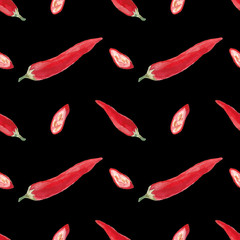 Food pattern for restaurant menu watercolor handpainted red and green tomato and chilli pepper (watercolor handpainted) red and black