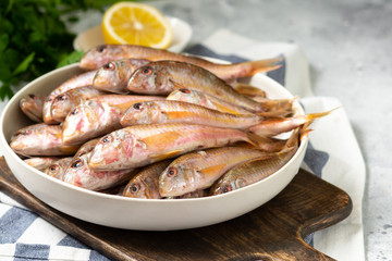Black sea barabulka fish in a white ceramic bowl on a light gray kitchen table. A lot of fish red mullet. Black sea barabulka