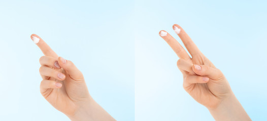 Woman hand with drop of cream on sky blue background. Collage.