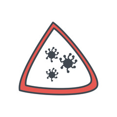 Covid 19 virus inside warning triangle flat style icon vector design