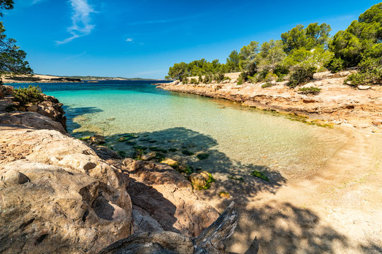 Cala Gracioneta beach located in western Ibiza, Spain.