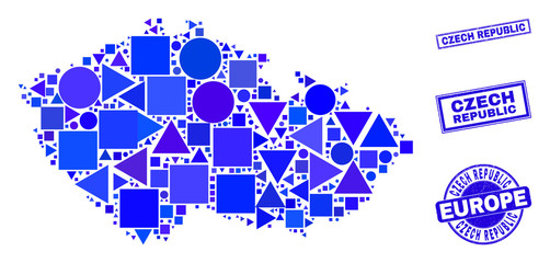 Vector mosaic Czech Republic map. Geographic scheme in blue color tones, and scratched round and rectangle seals. Abstract mosaic of Czech Republic map composed of round, triangles,