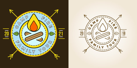 Set of Camp logo with Campfire. Vector illustration. Camping. Scout Symbol.