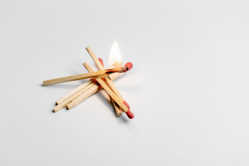 A close up shot of a flammable match stick stacked in a white background