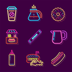 Streetfood Fast Food Drink Neon Sign. Fastfood Restaurant, Burger Cafe or Pizzeria Design. Glowing light signboard. Vector.