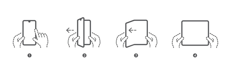Smart Phone Tablet with Foldable Screen. Step by step folding unfolding manual instructions. Vector Isolated.