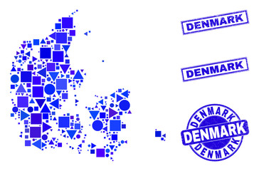 Obraz premium Vector mosaic Denmark map. Geographic plan in blue color tints, and grunge round and rectangle seals. Abstract mosaic of Denmark map constructed of round, tringle, square geometric spots.