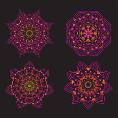 Set of Ethnic Fractal Mandala Vector Tattoo Design looks like Snowflake or Maya Aztec Pattern or Flower.