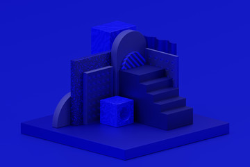 Abstract concept, minimalist concept, 3D shapes, colorful installation, 3D scene, pedestal, blue podium.