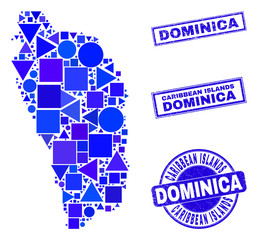 Vector mosaic Dominica Island map. Geographic plan in blue color tints, and textured round and rectangle stamps. Abstract mosaic of Dominica Island map combined of round, tringle,