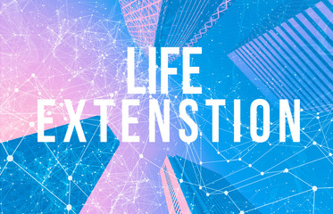Life extension theme with abstract network patterns and skyscrapers