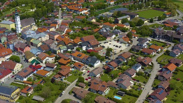 Aerial view around the village Waging am See  in Germany, Bavaria on a sunny spring day.
