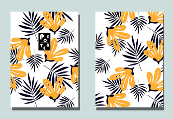 Fototapeta na wymiar Postcards with abstract flowers and tropical leaves. Two modern vector flyers. Floral wallpaper for business brochure, cover design.
