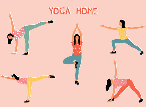 Vector set with woman doing yoga at home. Illustration with Mount Pose, Tadasana; Virabhadasana, Warrior Pose; Half moon pose, Ardhachandrasana; Trikonasana, Triangle Pose.
