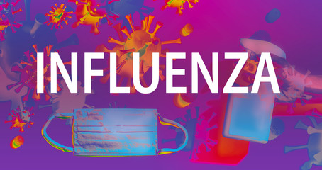 Influenza theme with viruses, face mask and cleaning spray bottle