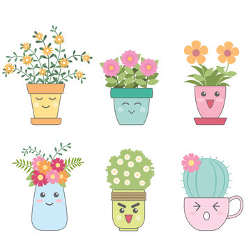Vector of cute face potted plants with colorful design illustration on a white background.