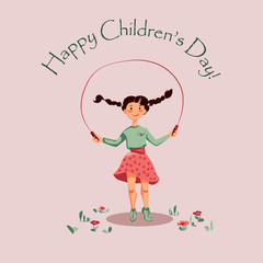 Postcard for Children Day with a happy girl jumping rope.
