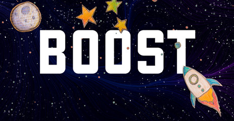 Boost theme with space background with a rocket, moon, and stars