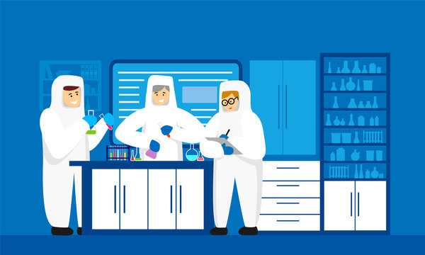 Dangerous chemical lab experiment lab vector illustration. Lab three scientists in protective suits lab cartoon characters mixing toxic fluid. Chemistry pharmacy Laboratory biochemical discovery