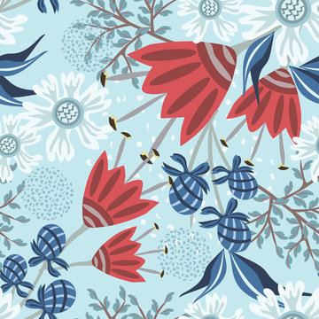 Vector abstract floral background. Seamless pattern with hand drawn elements, exotic fantasy flowers, leaves. Stylish texture. Blue, white and red color. Repeat design for wallpapers, textile, print