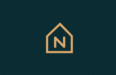 yellow N alphabet letter logo icon for company and business with house contour design