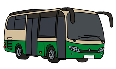 The vectorized hand drawing of a green and light beige bus