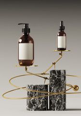 Cosmetic background for product presentation. Black stone podium with brass balancing stand on grey background. 3d rendering illustration.