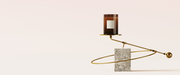 Cosmetic background for product presentation. Home scents candle on grey stone podium with brass balancing stand on white background. 3d rendering illustration.