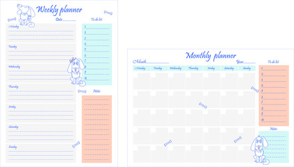 Two monthly and weekly business planner templates. Blank page with design, cute dogs and bones. A sheet of paper with a place for notes. Business organizer. Stationery for planning. Realistic vector i